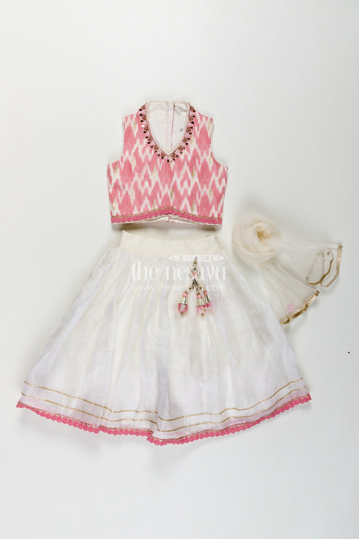 The Nesavu Girls Lehenga Choli Girls Chinon Silk Stylish Party Wear Dresses Lehenga Choli in Pink with Mirror Embroidery and Tassels Nesavu Stylish Party Wear Dresses Chinon Silk Lehenga Choli Pink Mirror Embroidery Girls | The Nesavu