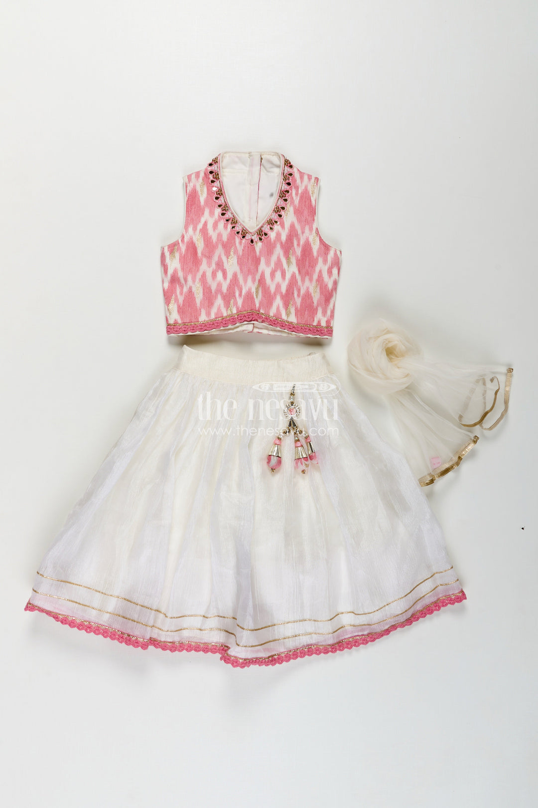 The Nesavu Girls Lehenga Choli Girls Chinon Silk Stylish Party Wear Dresses Lehenga Choli in Pink with Mirror Embroidery and Tassels Nesavu Stylish Party Wear Dresses Chinon Silk Lehenga Choli Pink Mirror Embroidery Girls | The Nesavu