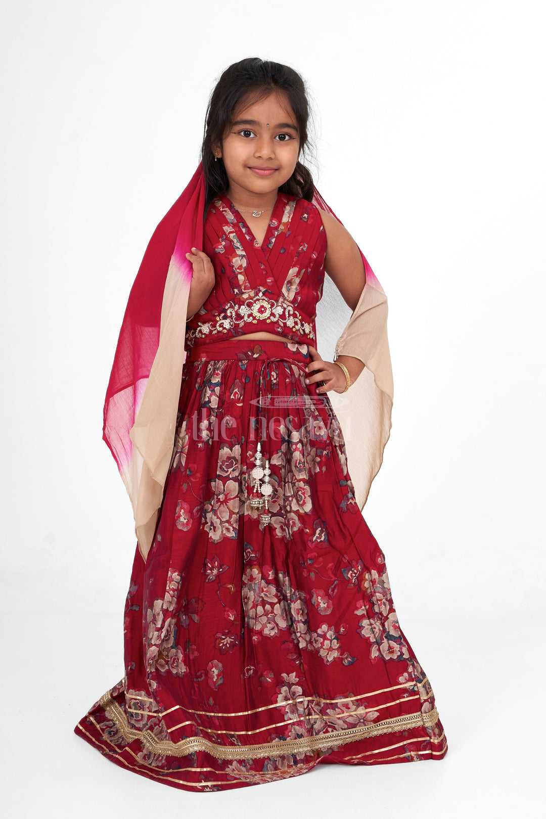 The Nesavu Girls Lehenga Choli Girls Choli Ghagra Choli Set in Chanderi with Floral Embroidery and Matching Dupatta for Festive Wear Nesavu 18 (2Y) / Maroon GL536B-18 Nesavu Girls Choli Ghagra Choli Set Chanderi Floral Embroidery Diwali Festive Gatherings