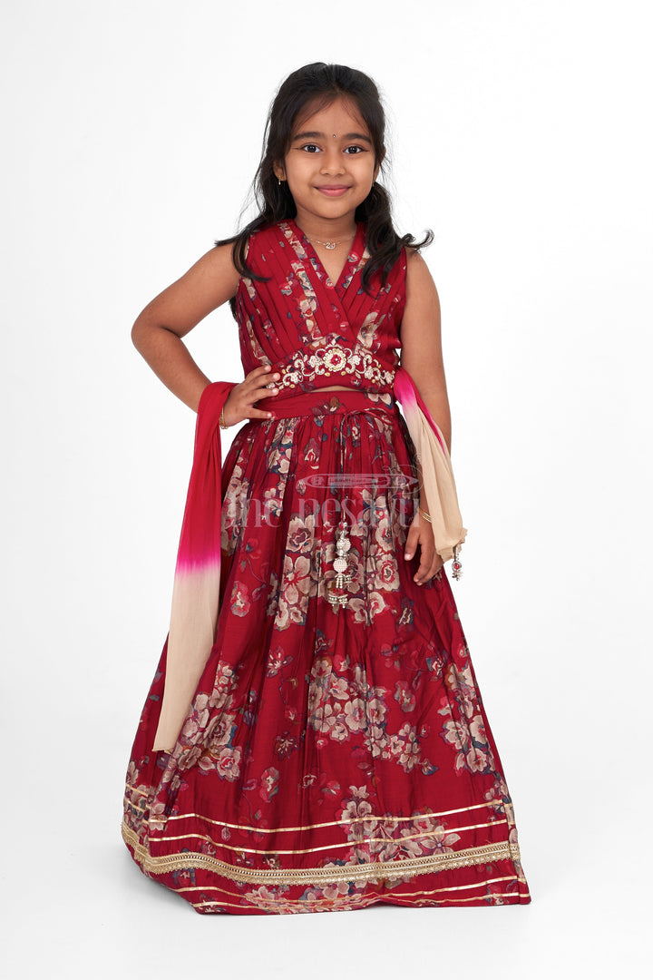 The Nesavu Girls Lehenga Choli Girls Choli Ghagra Choli Set in Chanderi with Floral Embroidery and Matching Dupatta for Festive Wear Nesavu Nesavu Girls Choli Ghagra Choli Set Chanderi Floral Embroidery Diwali Festive Gatherings