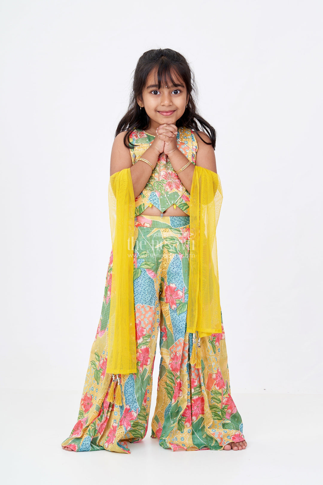 The Nesavu Girls Sharara / Plazo Set Girls Choli Plazo Suit with Floral Digital Print and Embellished Blouse for a Festive Look Nesavu 22 (4Y) / Yellow GPS541A-22 Nesavu Girls Choli Plazo Suit Floral Digital Print Embroidered Blouse