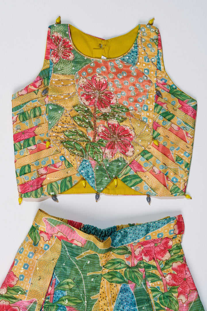 The Nesavu Girls Sharara / Plazo Set Girls Choli Plazo Suit with Floral Digital Print and Embellished Blouse for a Festive Look Nesavu Girls Choli Plazo Suit Floral Digital Print Embroidered Blouse | The Nesavu