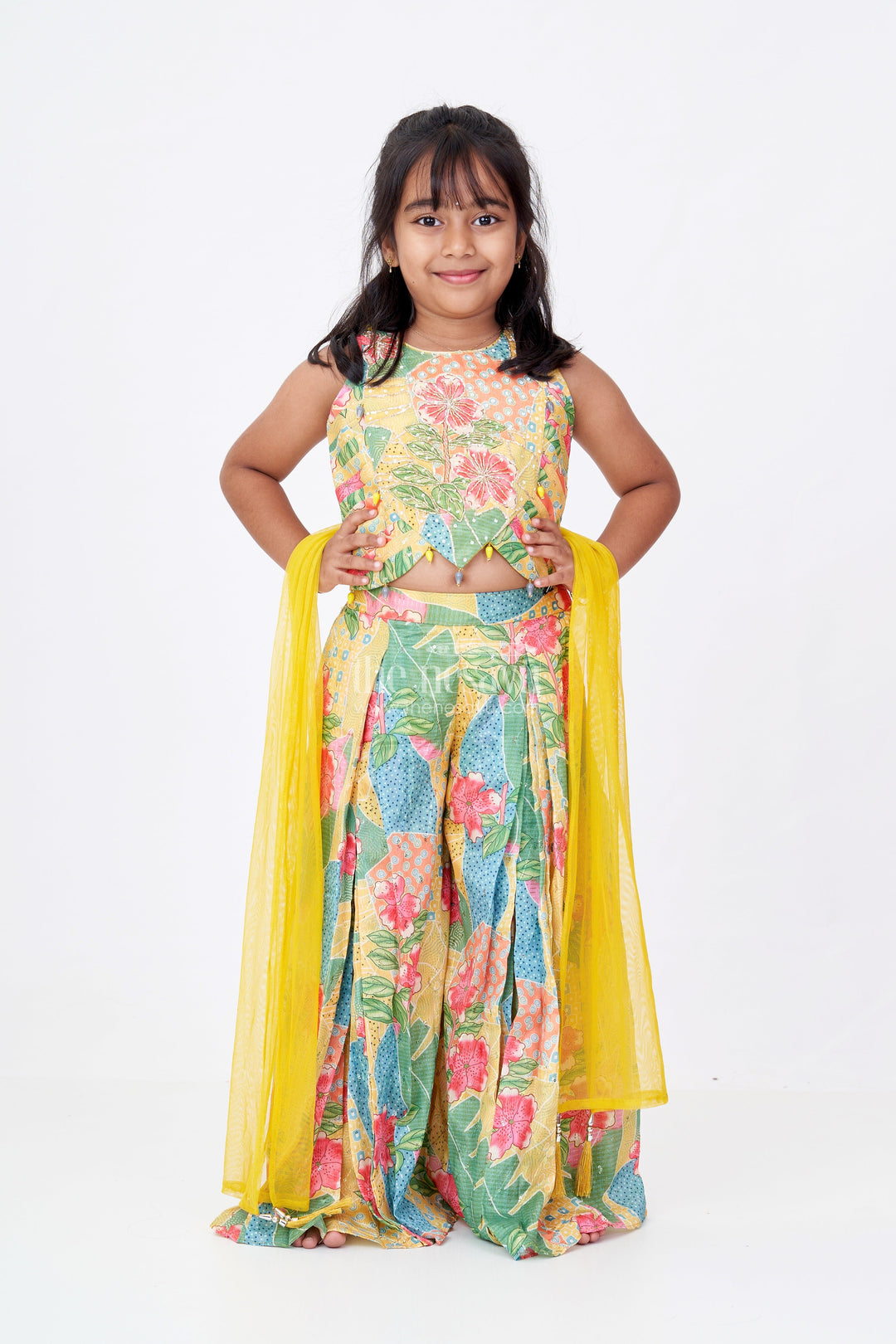 The Nesavu Girls Sharara / Plazo Set Girls Choli Plazo Suit with Floral Digital Print and Embellished Blouse for a Festive Look Nesavu Girls Choli Plazo Suit Floral Digital Print Embroidered Blouse | The Nesavu