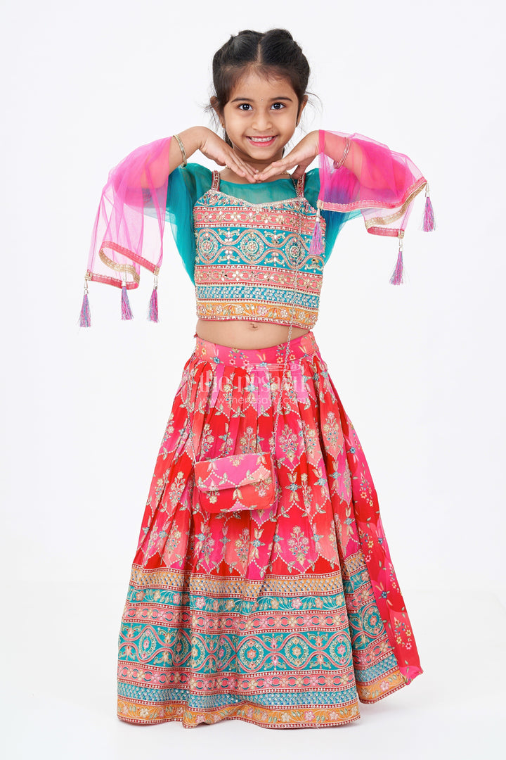 The Nesavu Girls Lehenga Choli Girls Choli with Placement Print and Embroidery Featuring a Flared Lehenga for Special Occasions Nesavu 18 (2Y) / Multicolor GL555A-18 Girls Choli Placement Print Embroidery Paired Flared Lehenga Weddings | The Nesavu