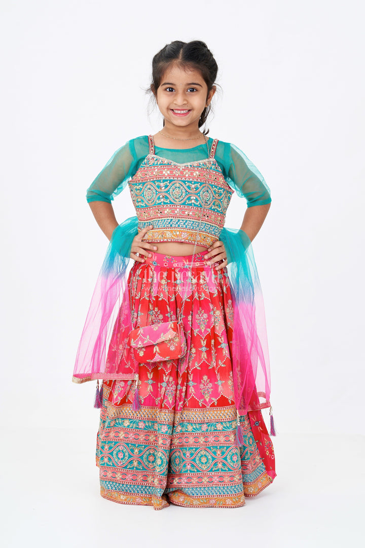 The Nesavu Girls Lehenga Choli Girls Choli with Placement Print and Embroidery Featuring a Flared Lehenga for Special Occasions Nesavu Girls Choli Placement Print Embroidery Paired Flared Lehenga Weddings | The Nesavu