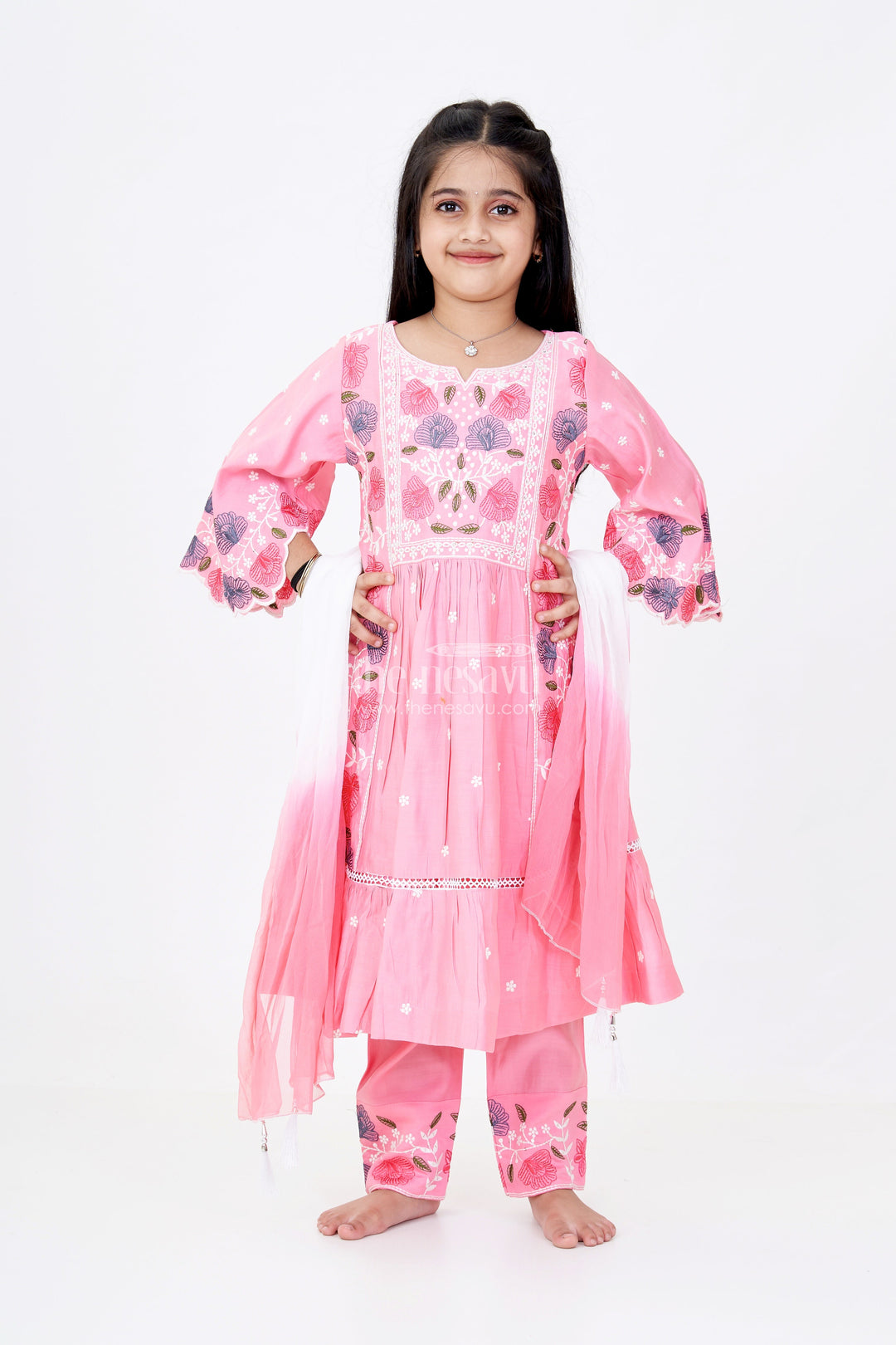 The Nesavu Girls Churidar Sets Girls Churidar Plazo Set with Floral Embroidery and Flowy Dupatta for a Graceful Ethnic Look Nesavu 24 (5Y) / Pink GPS543A-24 Girls Churidar Plazo Set Floral Embroidery Ombre Dupatta | The Nesavu