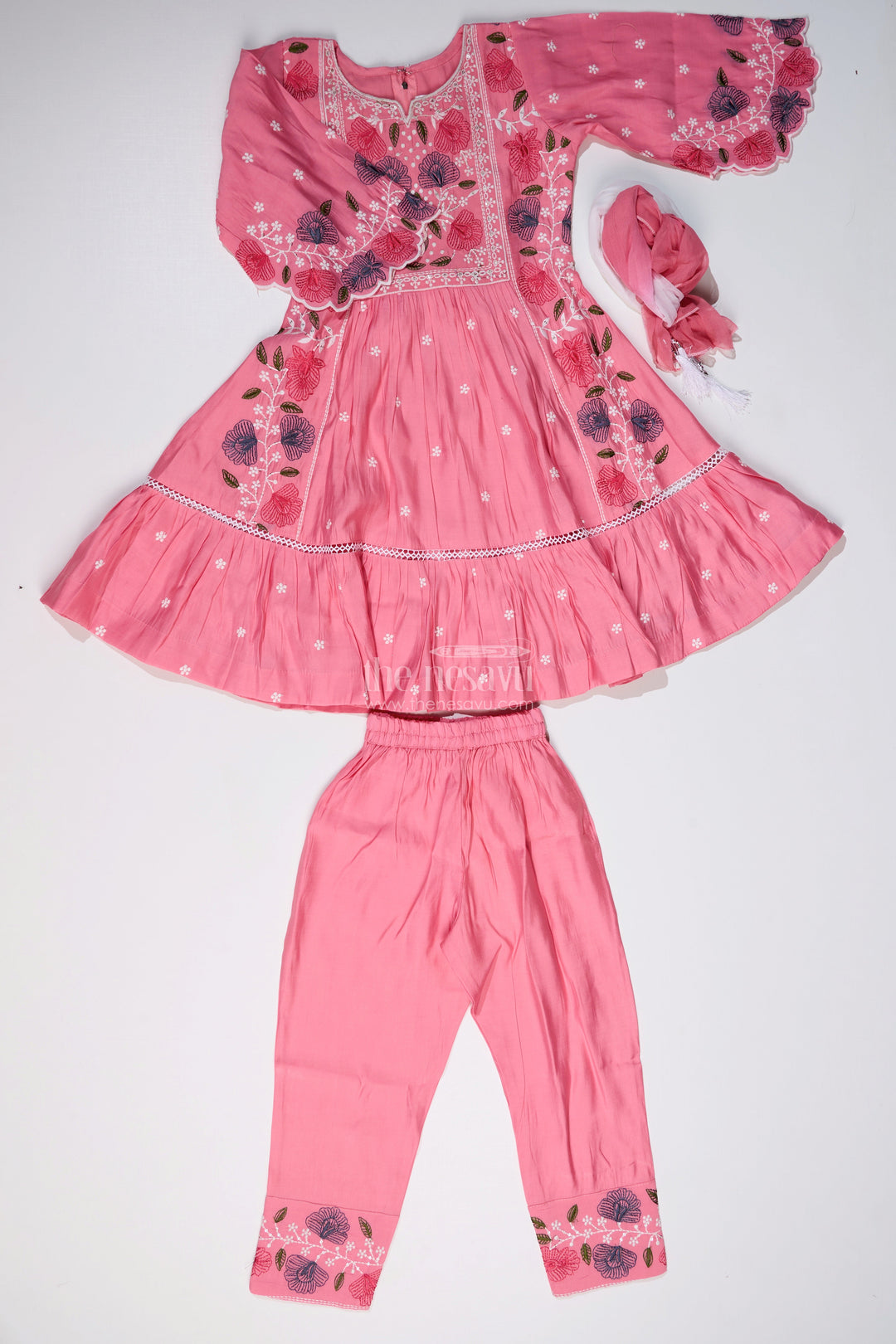 The Nesavu Girls Churidar Sets Girls Churidar Plazo Set with Floral Embroidery and Flowy Dupatta for a Graceful Ethnic Look Nesavu Girls Churidar Plazo Set Floral Embroidery Ombre Dupatta | The Nesavu