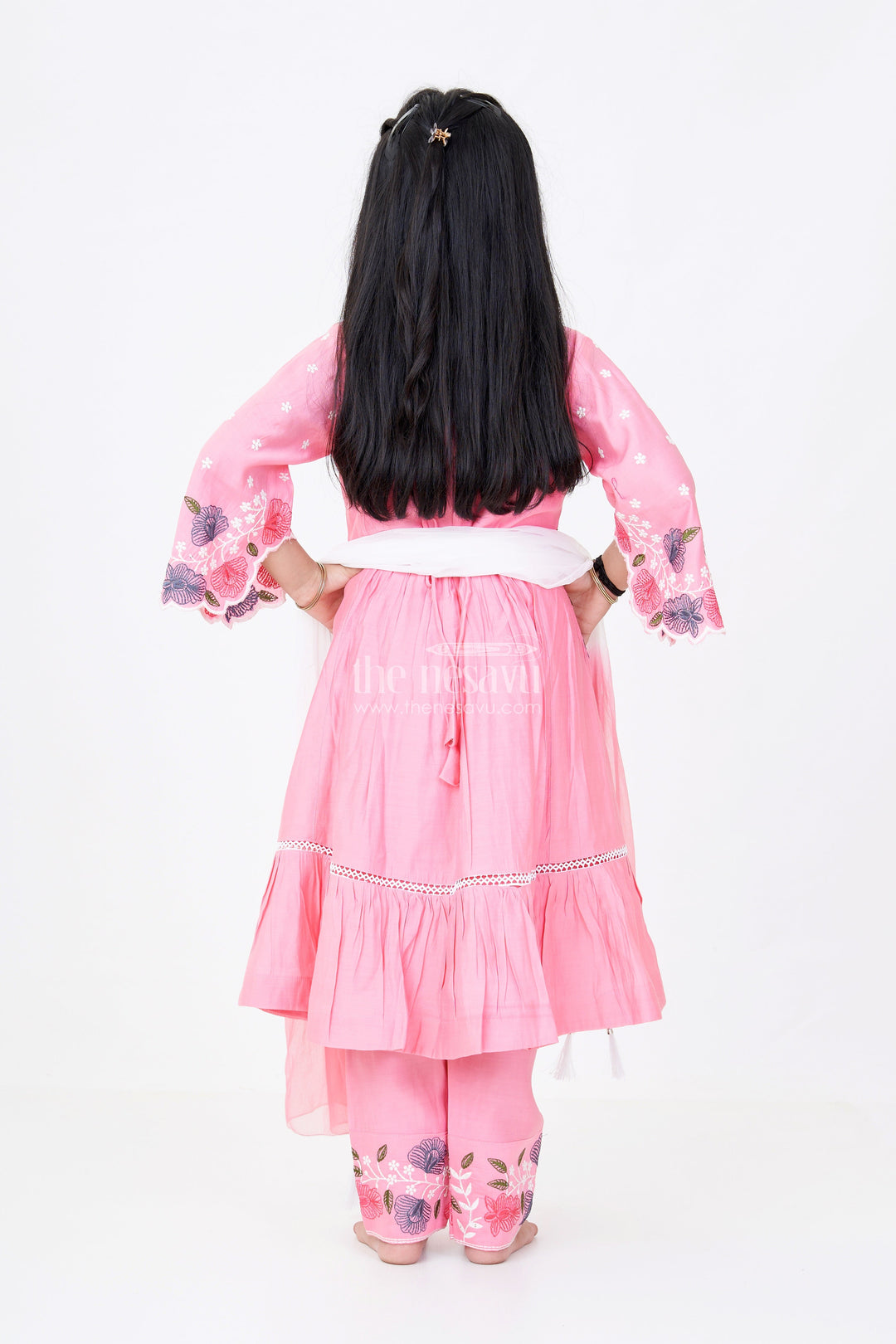 The Nesavu Girls Churidar Sets Girls Churidar Plazo Set with Floral Embroidery and Flowy Dupatta for a Graceful Ethnic Look Nesavu Girls Churidar Plazo Set Floral Embroidery Ombre Dupatta | The Nesavu