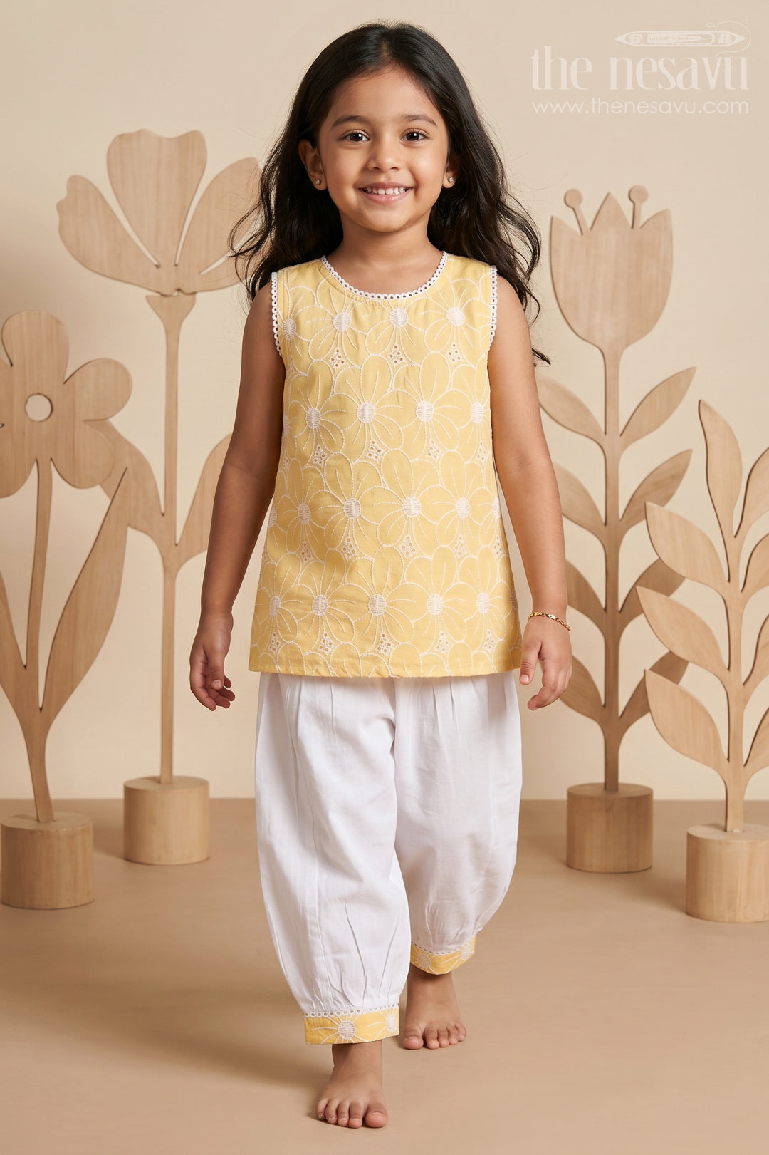 The Nesavu Girls Churidar Sets Girls Churidar Set for Festive Wear and Traditional Occasions Nesavu 16 (1Y) / Yellow / Cotton GPS1061A-16 Nesavu Girls Churidar Set Cotton With Thread Embroidery For Festive And Traditional Wear