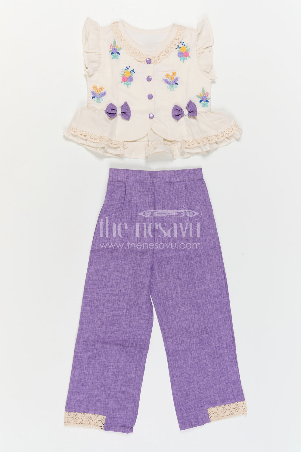 The Nesavu Girls Co-Ord Sets Girls Co Ord Outfit for Festive Occasions and Casual Wear Nesavu 24 (5Y) / Purple / Cotton GPS1060B-24 Nesavu Girls Cotton Blend Co Ord Outfit With Thread Embroidery For Festive Occasions And Daily Wear