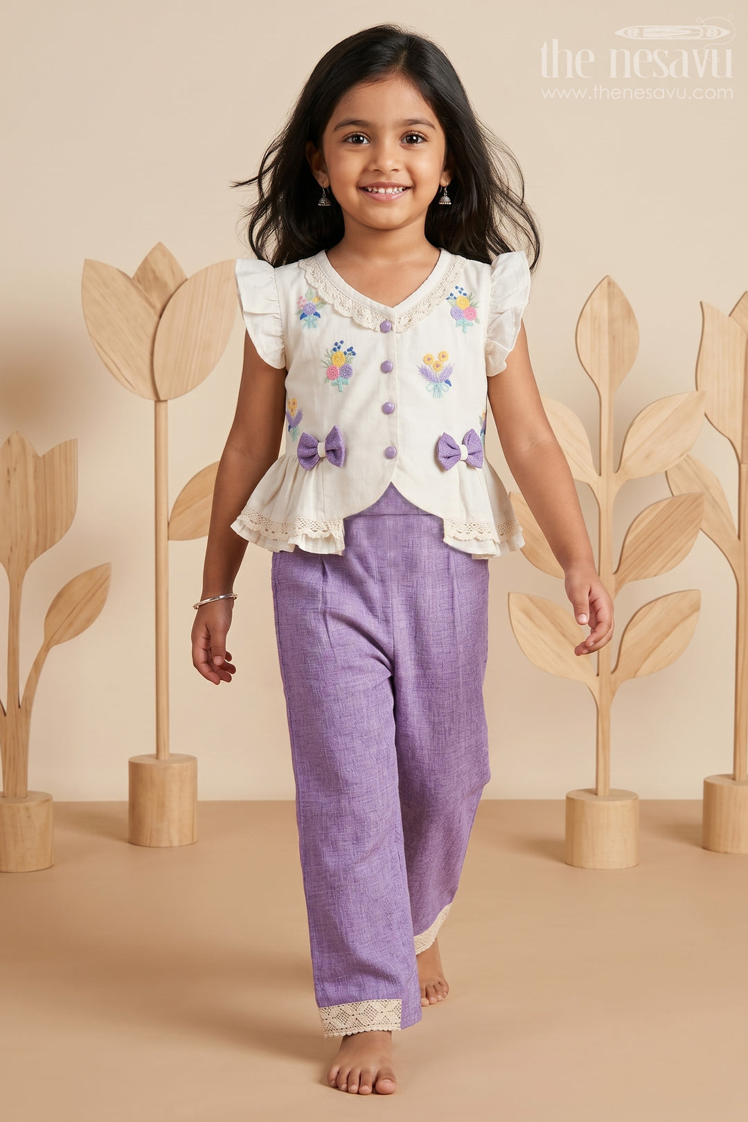The Nesavu Girls Co-Ord Sets Girls Co Ord Outfit for Festive Occasions and Casual Wear Nesavu 24 (5Y) / Purple / Cotton GPS1060B-24 Nesavu Girls Cotton Blend Co Ord Outfit With Thread Embroidery For Festive Occasions And Daily Wear