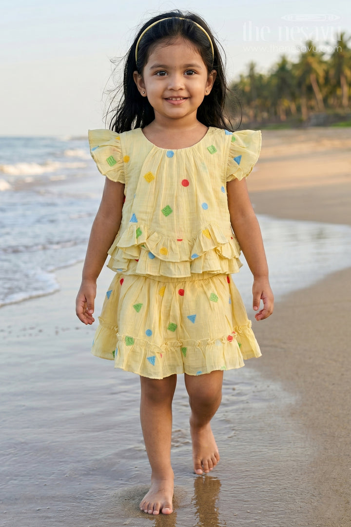 The Nesavu Baby Cotton Frocks Girls Co Ord Set Dress for Casual Outings and Playtime Nesavu 14 (6M) / Yellow / Cotton Blend GCS061B-14 Nesavu Baby Girl Cotton Frock For Casual Wear With Thread Embroidery Sleeveless Playful Design