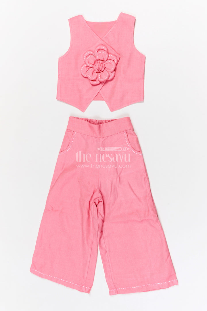 The Nesavu Girls Co-Ord Sets Girls Co Ord Set for Casual Outings and Birthday Wear Nesavu 22 (4Y) / Pink / Cotton GCS015A-22 Nesavu girls cotton co ord set with floral applique for casual wear