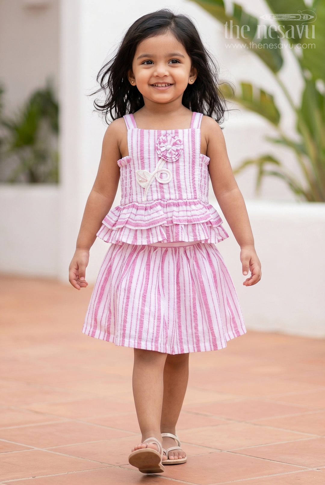 The Nesavu Girls Co-Ord Sets Girls Co Ord Set for Casual Wear and Playtime Nesavu 16 (1Y) / Pink / Cotton GCS063B-16 Nesavu Girls Cotton Co Ord Set With Striped Design For Casual Wear Sleeveless Outfit For Kids