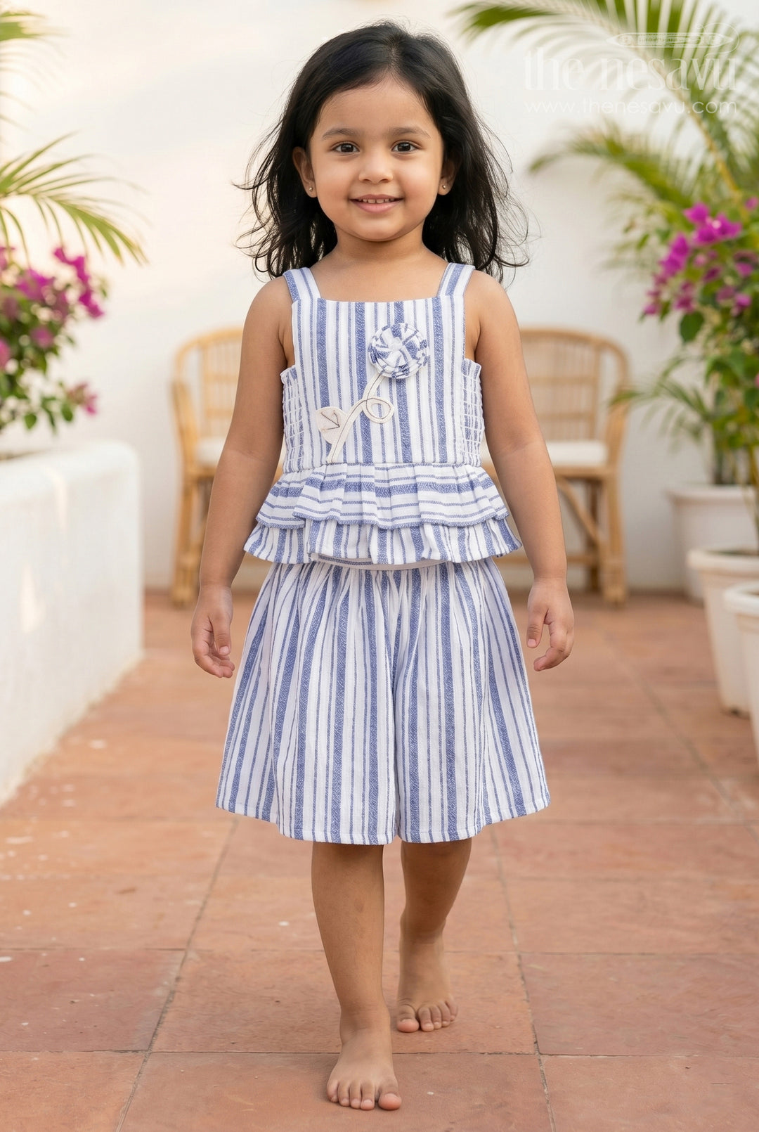 The Nesavu Girls Co-Ord Sets Girls Co Ord Set for Daily Wear and Casual Outings Nesavu 16 (1Y) / Blue / Cotton GCS063A-16 Nesavu Girls Co Ord Set Cotton Striped Design For Daily Wear Sleeveless Casual Outfit