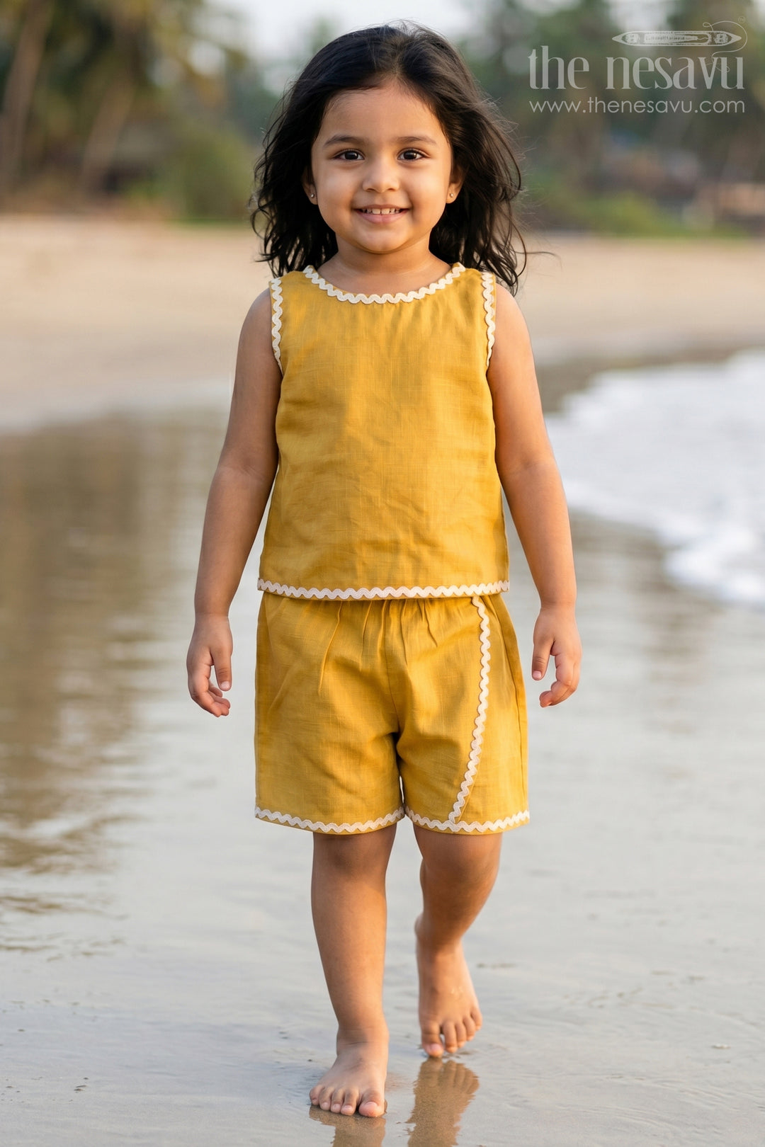 The Nesavu Girls Co-Ord Sets Girls Co Ord Set for Daily Wear and Casual Outs Nesavu 16 (1Y) / Yellow / Cotton GCS057A-16 Nesavu Girls Cotton Co Ord Set For Daily Wear Sleeveless Casual Outfit For Kids