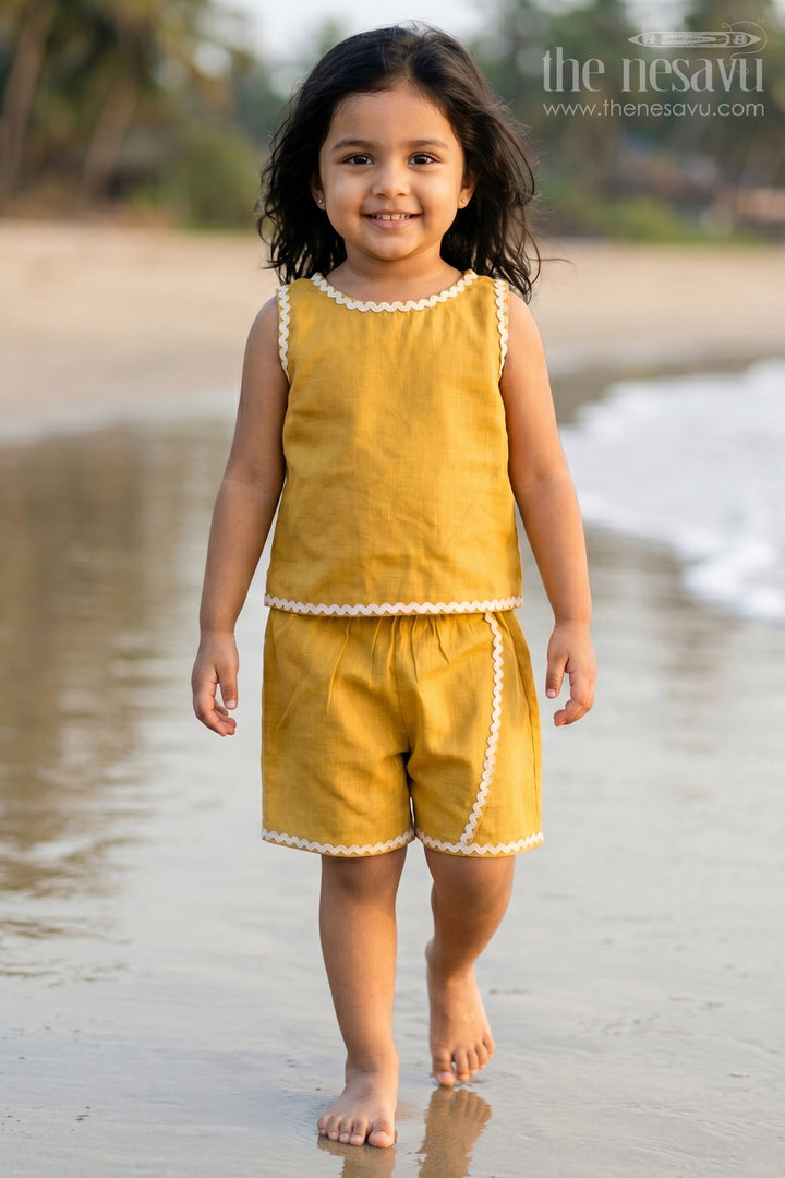 The Nesavu Girls Co-Ord Sets Girls Co Ord Set for Daily Wear and Casual Outs Nesavu 16 (1Y) / Yellow / Cotton GCS057A-16 Nesavu Girls Cotton Co Ord Set For Daily Wear Sleeveless Casual Outfit For Kids