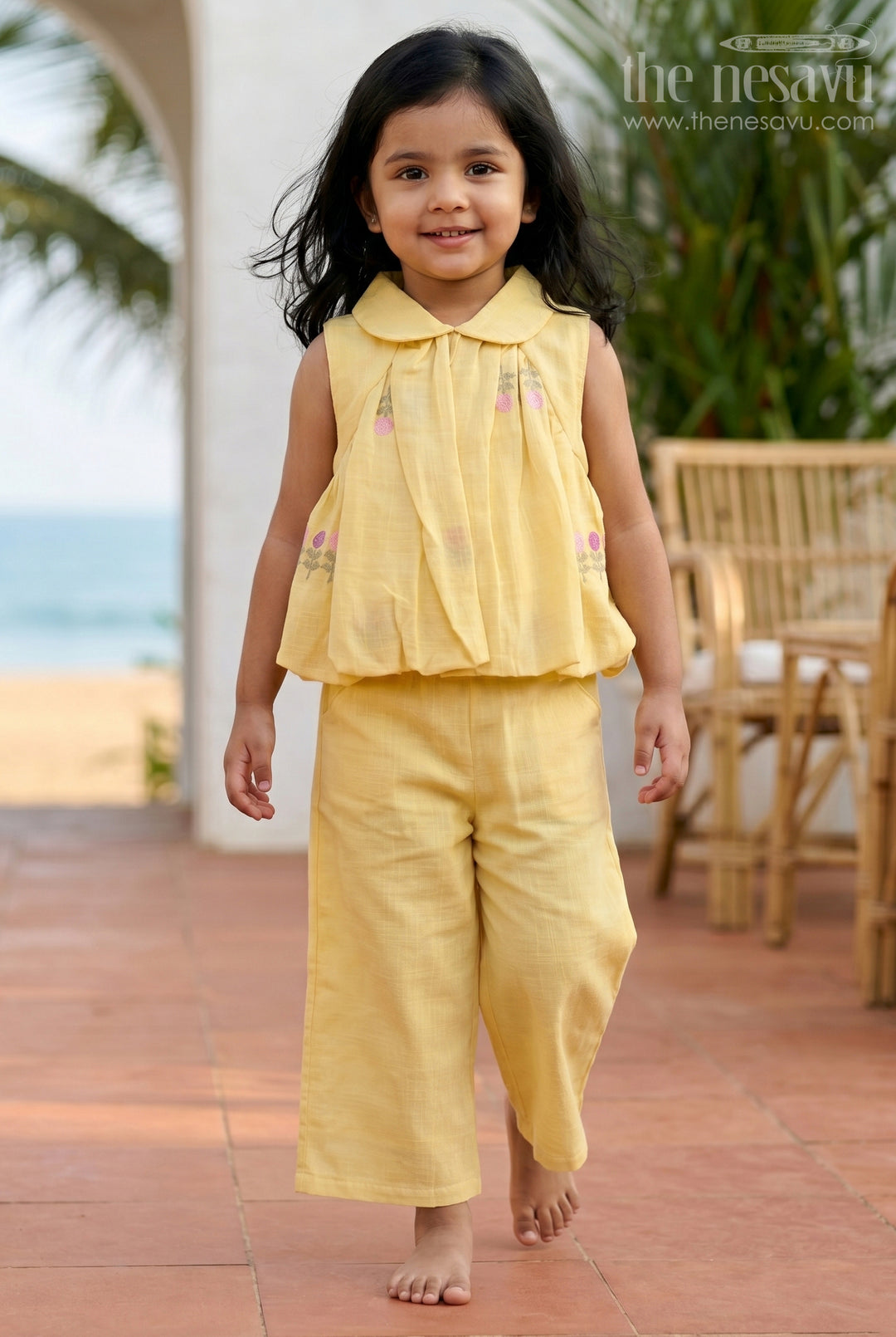 The Nesavu Girls Co-Ord Sets Girls Co Ord Set for Daily Wear and Playfultime Nesavu 18 (2Y) / Yellow / Cotton Blend GCS062B-18 Nesavu Girls Co Ord Set For Daily Wear Blend Cotton With Thread Embroidery Comfortable Outfit