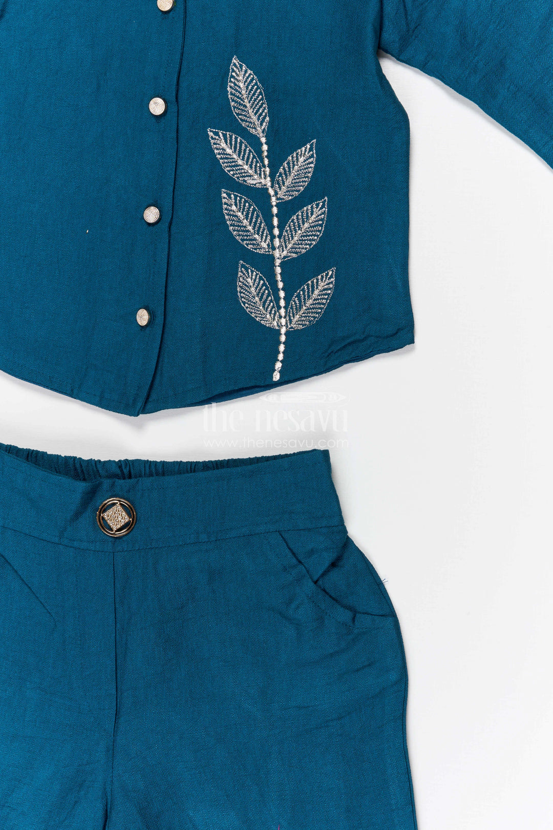 The Nesavu Girls Co-Ord Sets Girls Co Ord Set for Festive Occasions and Family Outings Nesavu Nesavu girls cotton co ord set with thread embroidery for festive wear