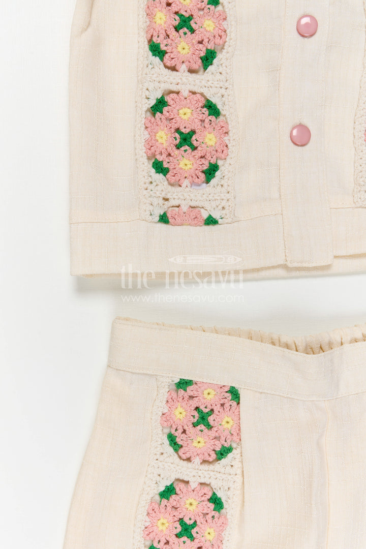 The Nesavu Girls Co-Ord Sets Girls Co Ord Set for Festive Wear and Family Gatherings Nesavu Nesavu Girls Cotton Co Ord Set With Crochet Embroidery For Festive Wear And Stylish Outings