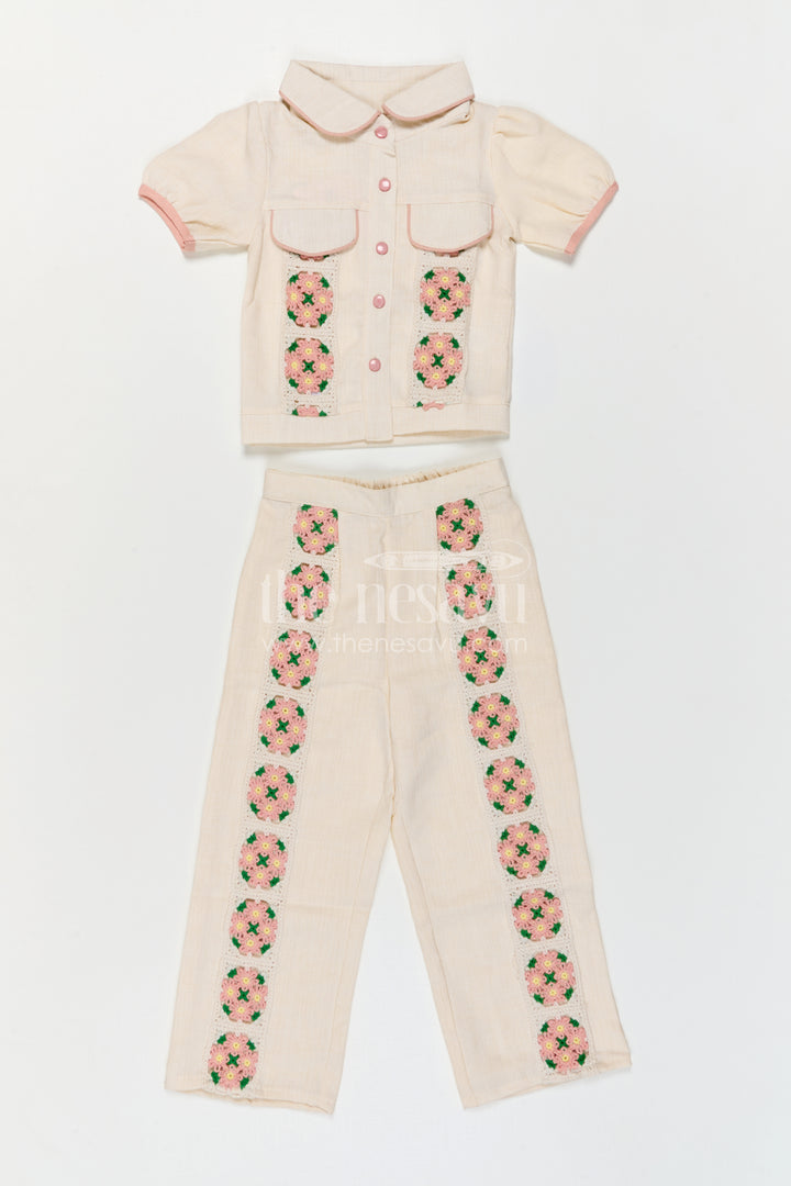 The Nesavu Girls Co-Ord Sets Girls Co Ord Set for Festive Wear and Family Gatherings Nesavu Nesavu Girls Cotton Co Ord Set With Crochet Embroidery For Festive Wear And Stylish Outings