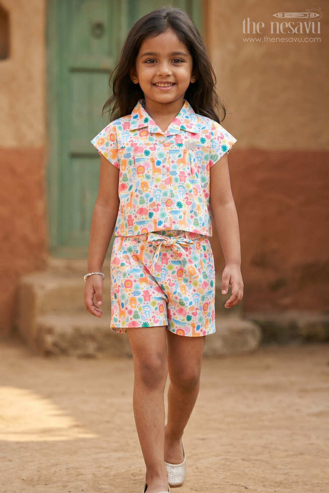 The Nesavu Girls Casual Set Girls Co Ord Set for Playdates and Fun Summer Outings Nesavu 16 (1Y) / Multicolor / Cotton GCS054A-16 Nesavu Girls Cotton Co Ord Set For Playdates And Summer Outings With Animal Digital Print Casual Wear