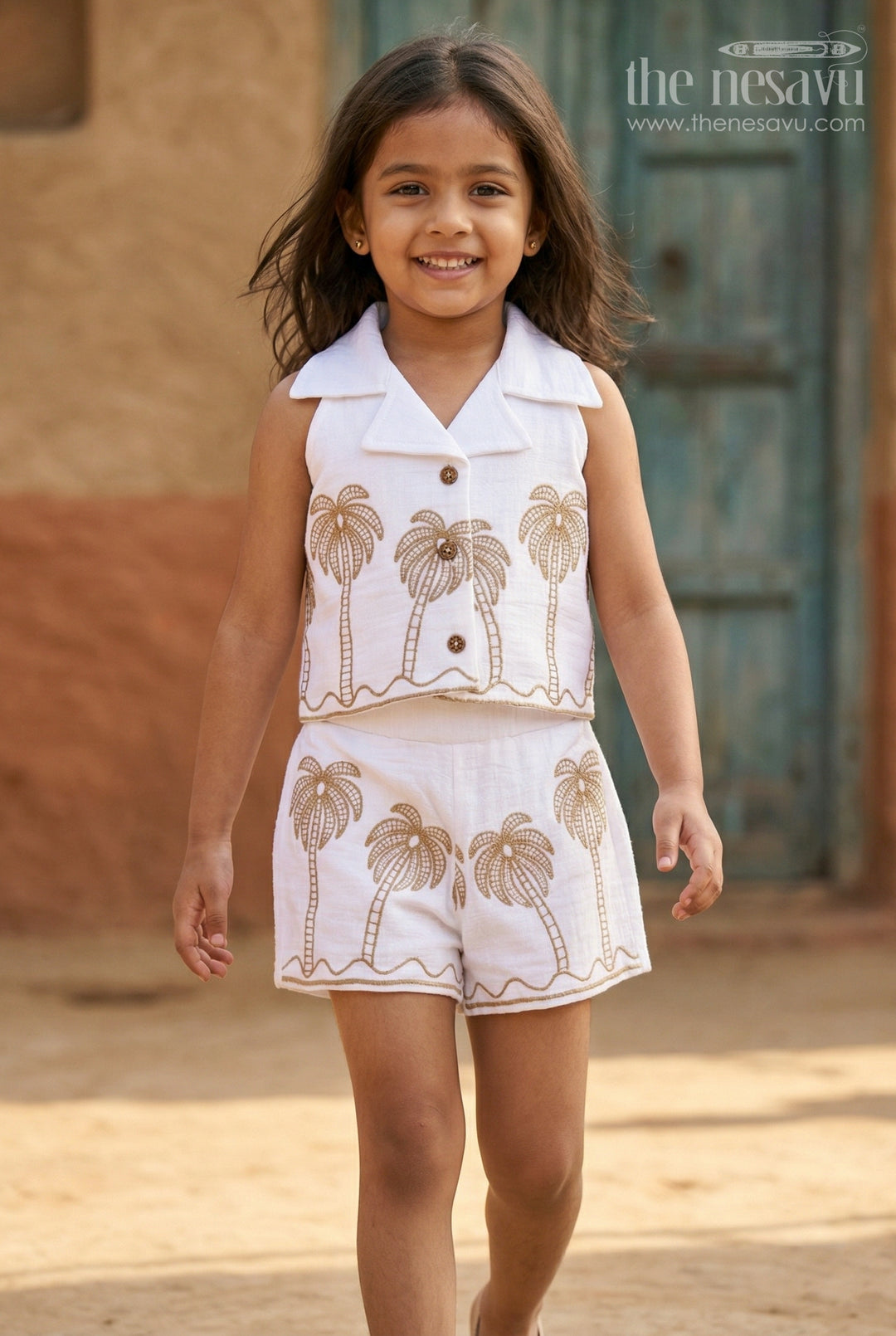 The Nesavu Girls Co-Ord Sets Girls Co Ord Set for Summer Outings and Vacation Wear Nesavu 14 (6M) / Half white / Muslin Cotton GCS039A-14 Nesavu Girls Co Ord Set For Summer Outings And Vacations With Muslin Cotton And Palm Embroidery Design