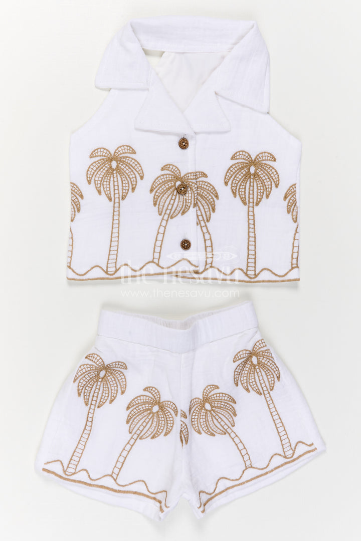 The Nesavu Girls Co-Ord Sets Girls Co Ord Set for Summer Outings and Vacation Wear Nesavu Nesavu Girls Co Ord Set For Summer Outings And Vacations With Muslin Cotton And Palm Embroidery Design