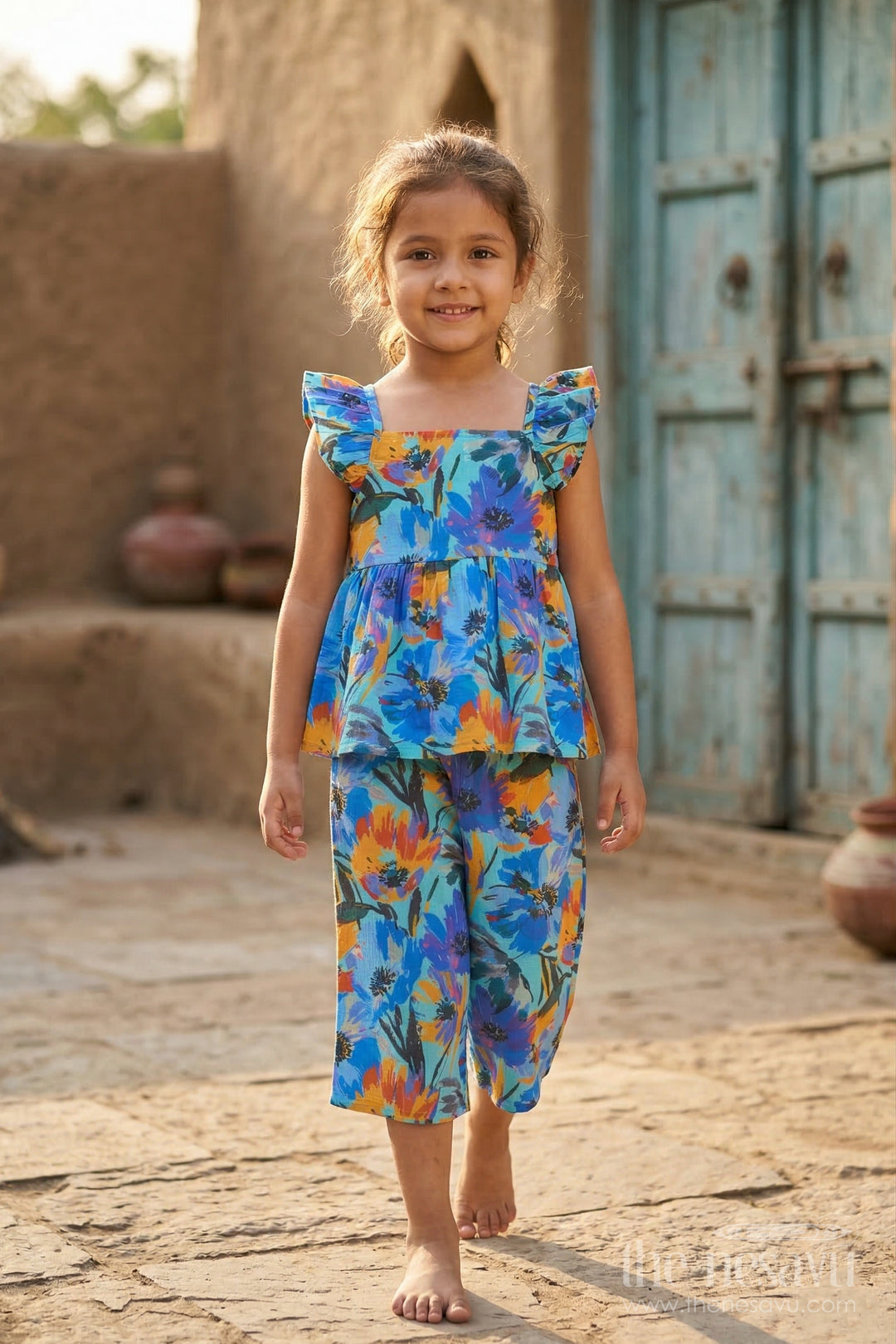The Nesavu Girls Co-Ord Sets Girls Co-ord Set for Vacations and Casual Day Outs Nesavu 16 (1Y) / Blue GPS709B-16 Nesavu girls cotton co-ord set with digital print for vacation and summer day wear