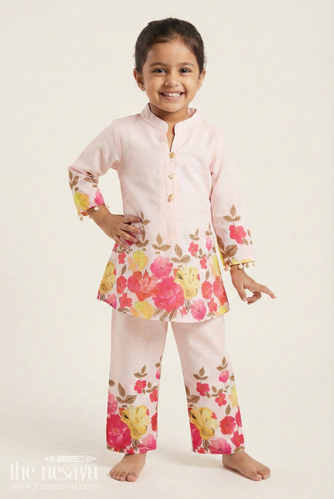 The Nesavu Girls Co-Ord Sets Girls Co-Ord Set with Floral Digital Print A Comfy Festive Pick for All Occasions Nesavu Nesavu girls floral co-ord set digital print ethnic casual fusion wear festive days
