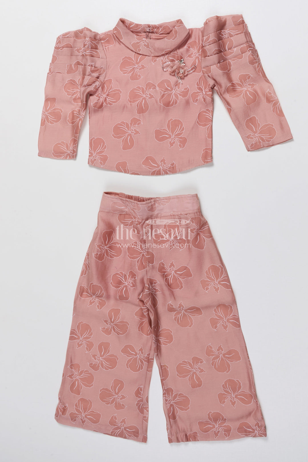 The Nesavu Girls Co-Ord Sets Girls Co-Ord Set with Floral Print for Birthdays and Festive Events Nesavu 22 (4Y) / Peach GPS907A-22 Nesavu girls floral co-ord set puff sleeve top wide-leg pants festive birthdays