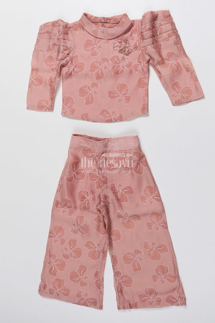 The Nesavu Girls Co-Ord Sets Girls Co-Ord Set with Floral Print for Birthdays and Festive Events Nesavu 22 (4Y) / Peach GPS907A-22 Nesavu girls floral co-ord set puff sleeve top wide-leg pants festive birthdays
