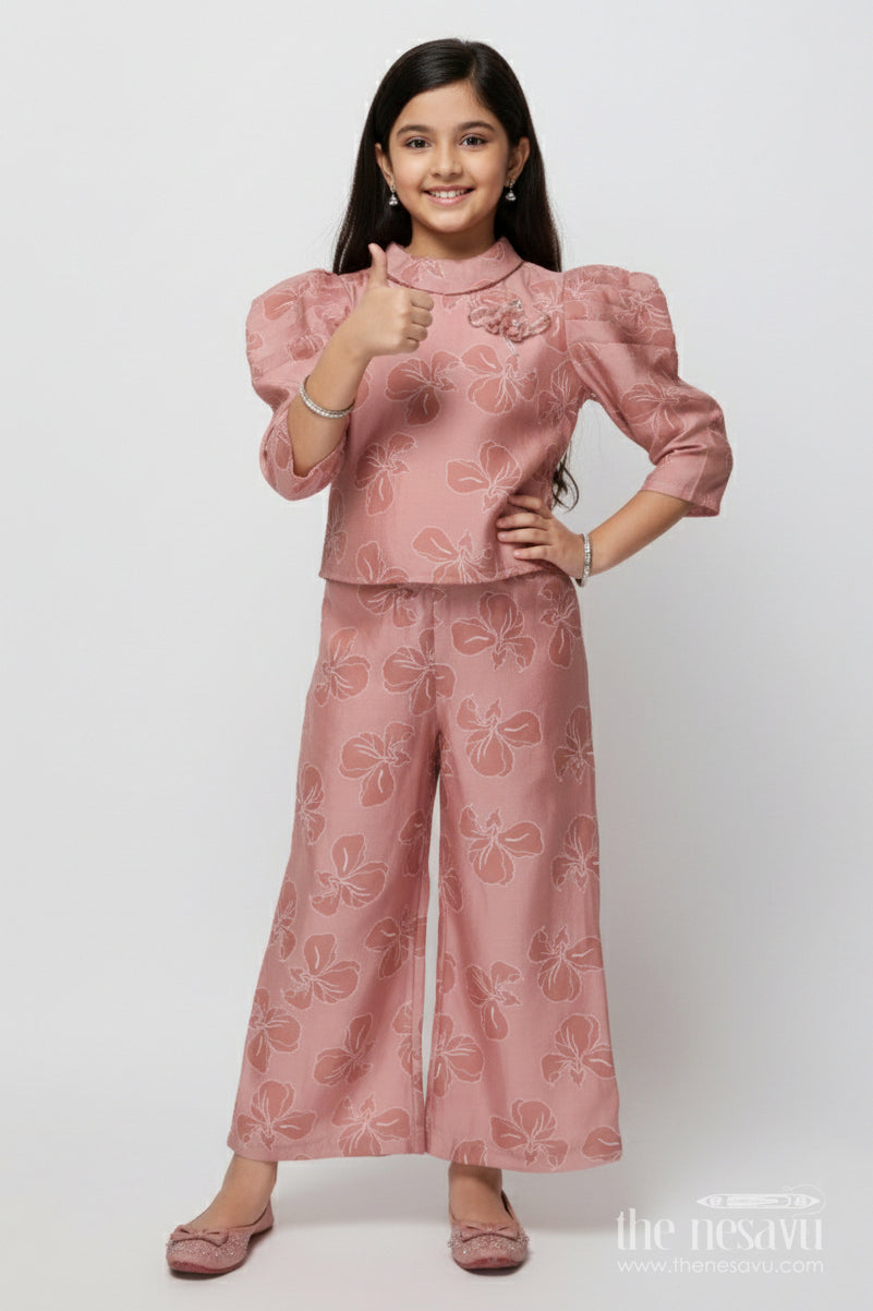 The Nesavu Girls Co-Ord Sets Girls Co-Ord Set with Floral Print for Birthdays and Festive Events Nesavu 22 (4Y) / Peach GPS907A-22 Nesavu girls floral co-ord set puff sleeve top wide-leg pants festive birthdays