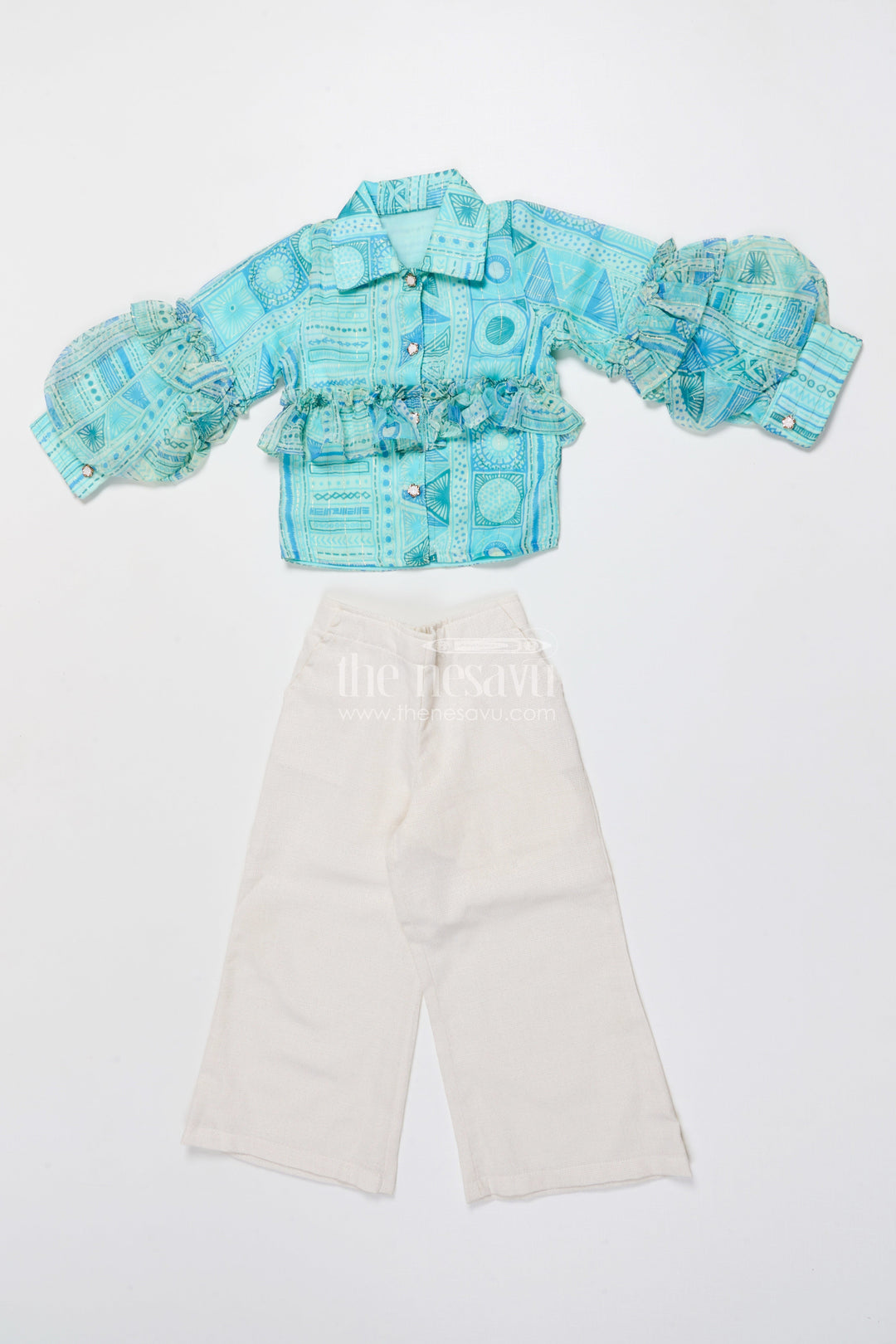 The Nesavu Girls Co-Ord Sets Girls Co-Ord Set with Puff Sleeves for Festive Parties and Photoshoots Nesavu 22 (4Y) / Green GPS904B-22 Nesavu girls co-ord set printed ruffle top pants festive photoshoots parties
