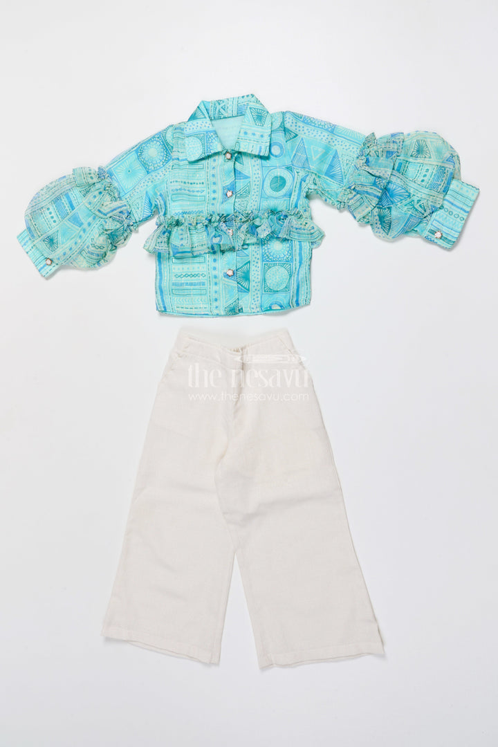 The Nesavu Girls Co-Ord Sets Girls Co-Ord Set with Puff Sleeves for Festive Parties and Photoshoots Nesavu 22 (4Y) / Green GPS904B-22 Nesavu girls co-ord set printed ruffle top pants festive photoshoots parties