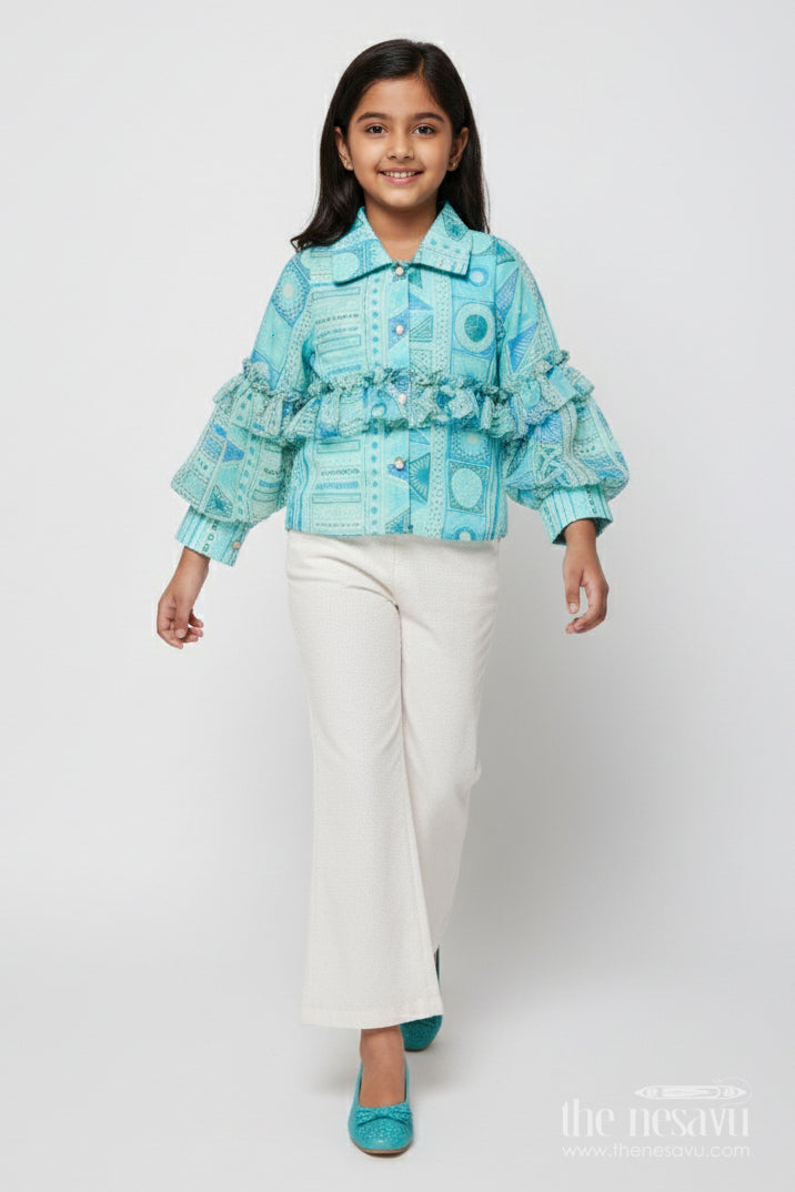 The Nesavu Girls Co-Ord Sets Girls Co-Ord Set with Puff Sleeves for Festive Parties and Photoshoots Nesavu 22 (4Y) / Green GPS904B-22 Nesavu girls co-ord set printed ruffle top pants festive photoshoots parties