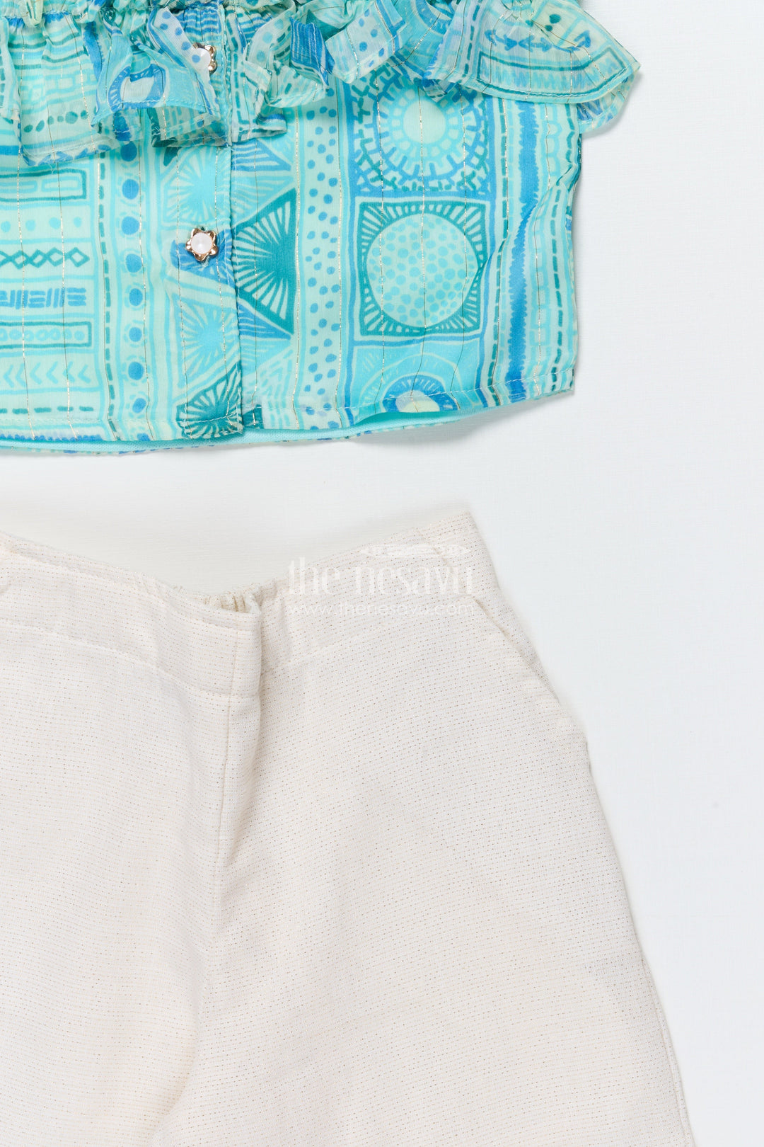 The Nesavu Girls Co-Ord Sets Girls Co-Ord Set with Puff Sleeves for Festive Parties and Photoshoots Nesavu Nesavu girls co-ord set printed ruffle top pants festive photoshoots parties