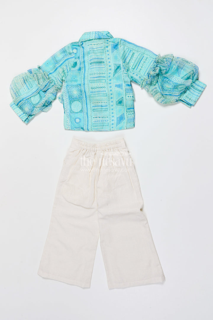 The Nesavu Girls Co-Ord Sets Girls Co-Ord Set with Puff Sleeves for Festive Parties and Photoshoots Nesavu Nesavu girls co-ord set printed ruffle top pants festive photoshoots parties