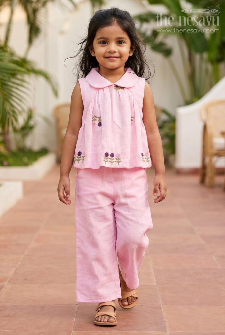The Nesavu Girls Co-Ord Sets Girls Co Ord Sets for Casual Outings and Daily Wear Nesavu 18 (2Y) / Pink / Cotton Blend GCS062A-18 Nesavu Girls Co Ord Set For Casual Wear Blend Cotton With Thread Embroidery Matching Outfit