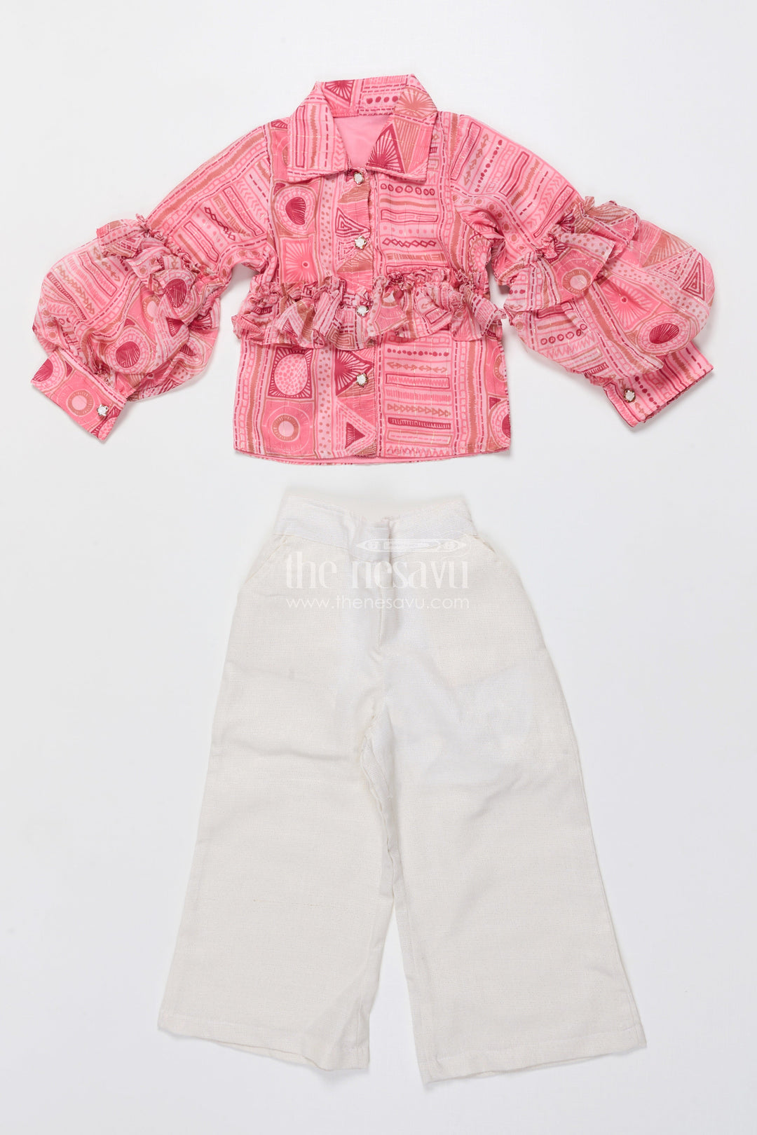 The Nesavu Girls Co-Ord Sets Girls Co-Ord Top and Pant Set for Birthdays and Day Outings Nesavu 22 (4Y) / Pink GPS904A-22 Nesavu girls georgette co-ord set digital print frill sleeves birthdays parties