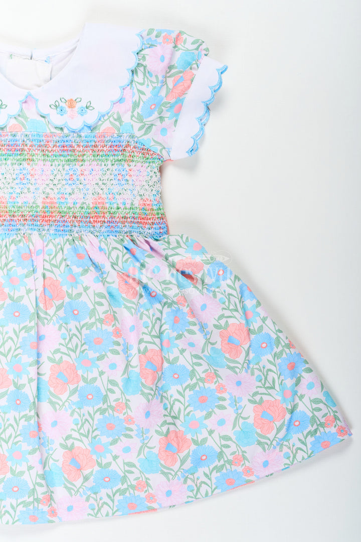 The Nesavu Girls Cotton Frock Girls Collar Frock Design in Floral Cotton with Smocked Bodice and Embroidered Collar for a Playful Yet Polished Look Nesavu Nesavu Girls Floral Cotton Collar Frock Design Smocking Embroidered Peter Pan Collar