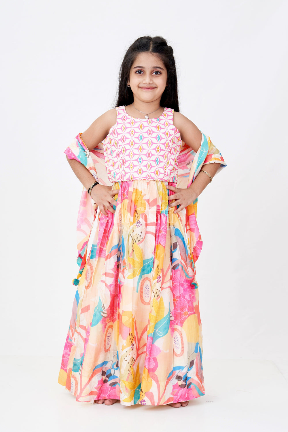The Nesavu Girls Lehenga Choli Girls Colorful Lehenga in Viscose Silk with Mirror Embroidered Yoke and Multicolor Floral Digital Print Nesavu Nesavu Girls Colorful Lehenga Viscose Silk Mirror Work Multicolor Floral Print Dupatta