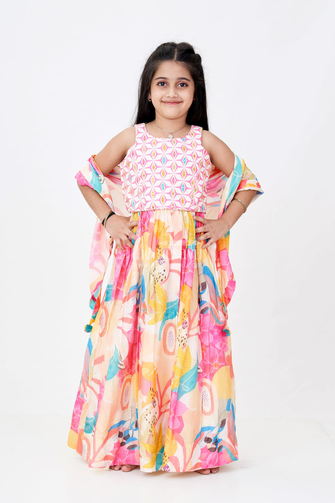 The Nesavu Girls Lehenga Choli Girls Colorful Lehenga in Viscose Silk with Mirror Embroidered Yoke and Multicolor Floral Digital Print Nesavu Nesavu Girls Colorful Lehenga Viscose Silk Mirror Work Multicolor Floral Print Dupatta