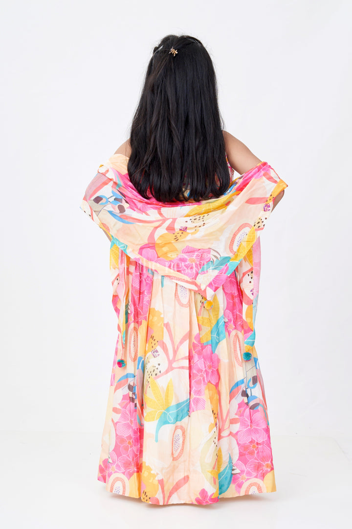 The Nesavu Girls Lehenga Choli Girls Colorful Lehenga in Viscose Silk with Mirror Embroidered Yoke and Multicolor Floral Digital Print Nesavu Nesavu Girls Colorful Lehenga Viscose Silk Mirror Work Multicolor Floral Print Dupatta