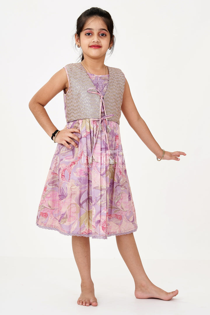 The Nesavu Girls Cotton Frock Girls Colour Full Frock with Sequin Embroidery and Printed Pleated Skirt for Stylish Look Nesavu 22 (4Y) / Purple GFC1644A-22 Nesavu Girls Colour Full Frock Sequin Embroidery Printed Pleated Skirt Party Wear