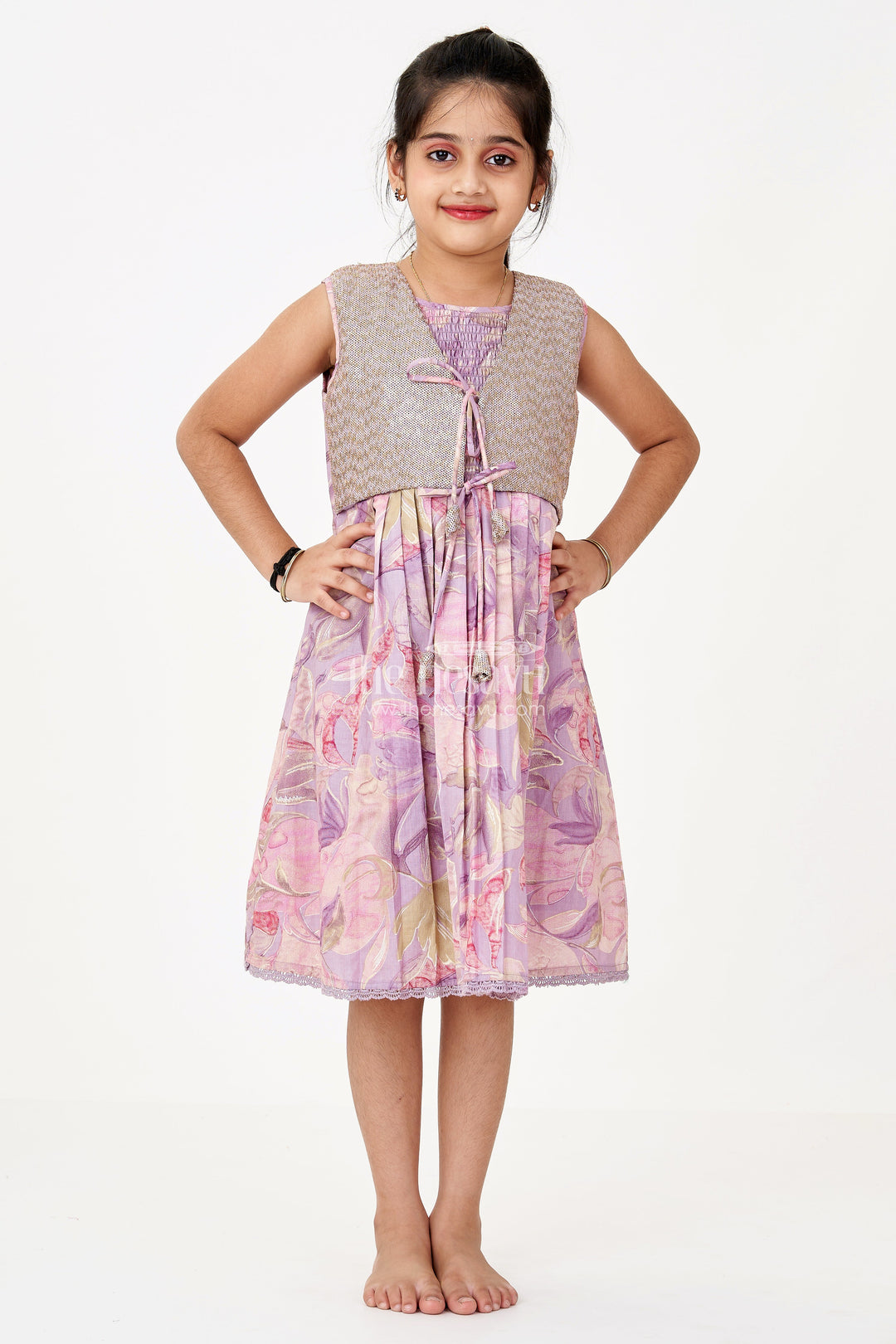 The Nesavu Girls Cotton Frock Girls Colour Full Frock with Sequin Embroidery and Printed Pleated Skirt for Stylish Look Nesavu Nesavu Girls Colour Full Frock Sequin Embroidery Printed Pleated Skirt Party Wear