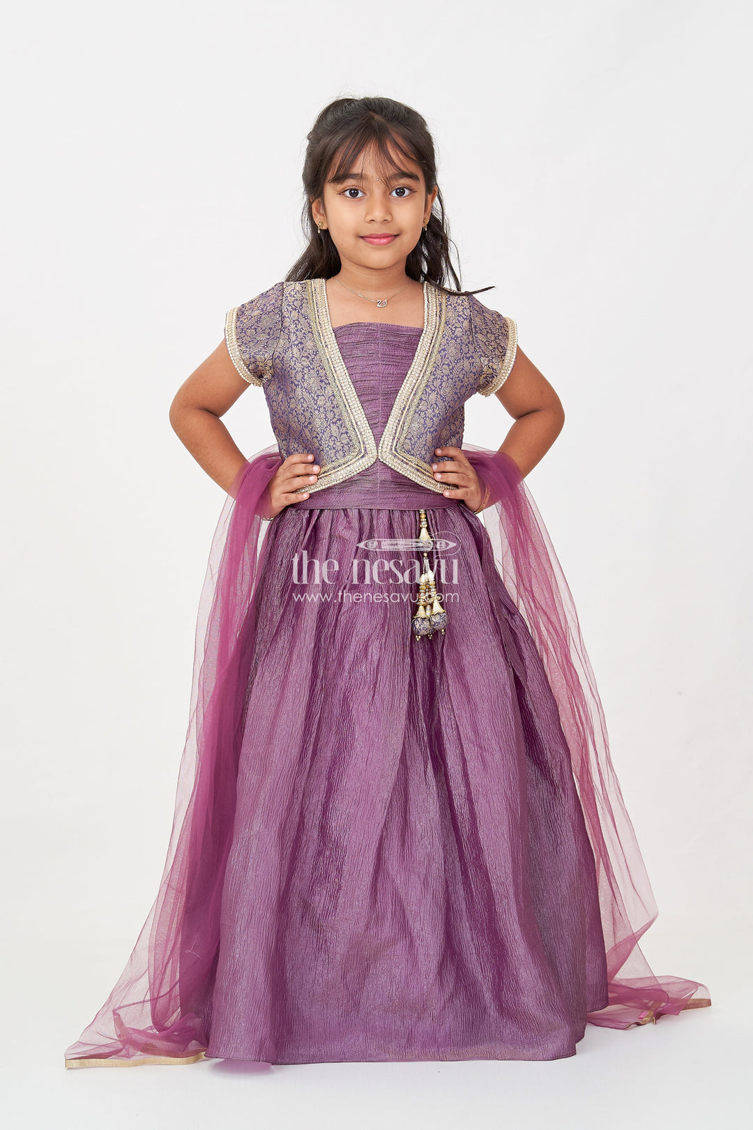 The Nesavu Girls Lehenga Choli Girls Contemporary Lehenga in Crush Tissue with Embellished Banarasi Kora Yoke and Tassel Accents Nesavu 16 (1Y) / Purple GL630A-16 Contemporary Girls Lehenga Crush Tissue Embellished Banarasi Kora Yoke Dupatta | The Nesavu