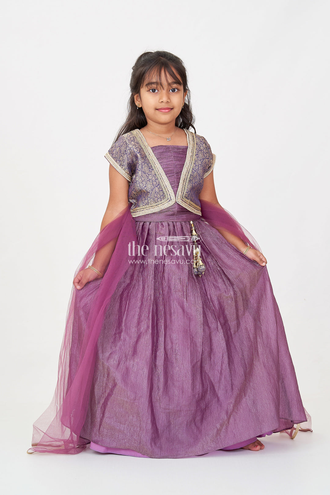 The Nesavu Girls Lehenga Choli Girls Contemporary Lehenga in Crush Tissue with Embellished Banarasi Kora Yoke and Tassel Accents Nesavu Contemporary Girls Lehenga Crush Tissue Embellished Banarasi Kora Yoke Dupatta | The Nesavu