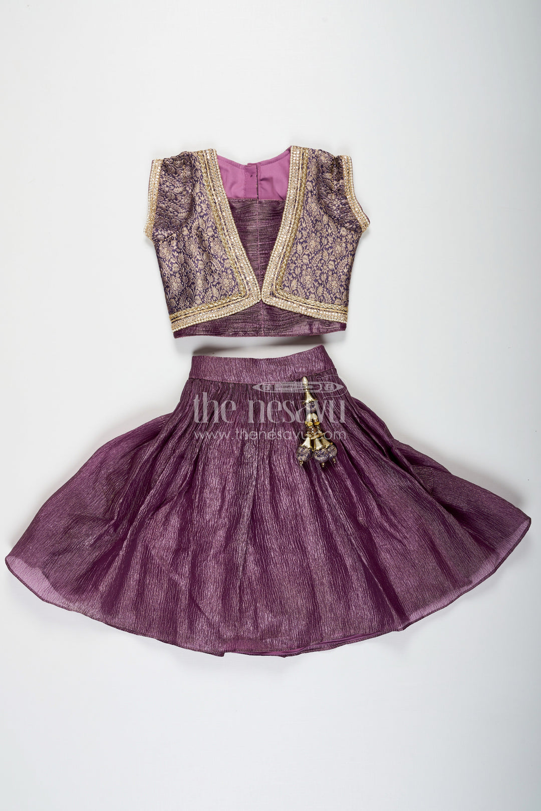 The Nesavu Girls Lehenga Choli Girls Contemporary Lehenga in Crush Tissue with Embellished Banarasi Kora Yoke and Tassel Accents Nesavu Nesavu Contemporary Girls Lehenga Crush Tissue Embellished Banarasi Kora Yoke Dupatta