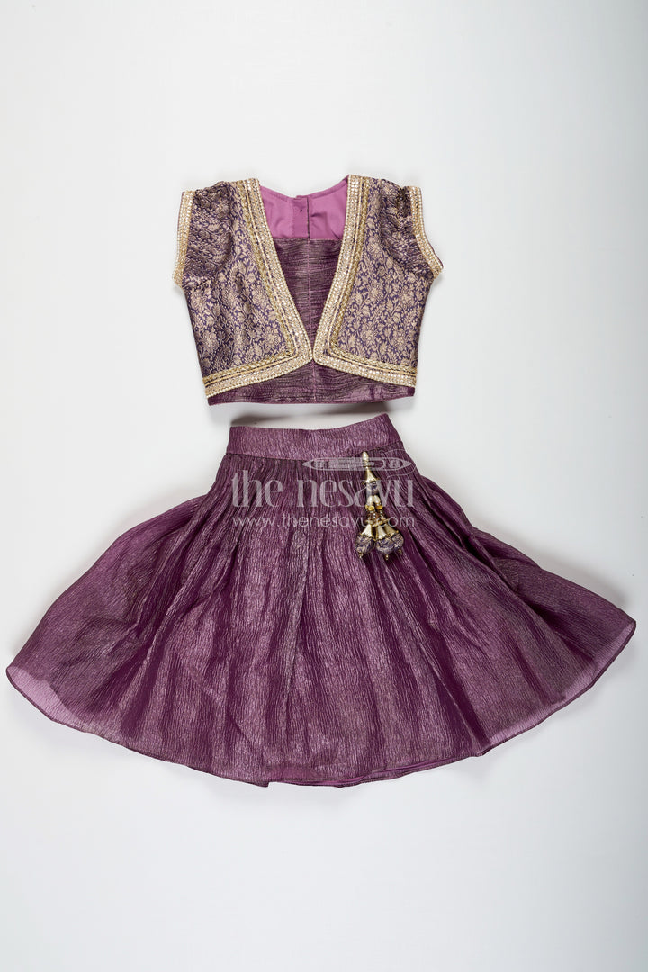 The Nesavu Girls Lehenga Choli Girls Contemporary Lehenga in Crush Tissue with Embellished Banarasi Kora Yoke and Tassel Accents Nesavu Nesavu Contemporary Girls Lehenga Crush Tissue Embellished Banarasi Kora Yoke Dupatta